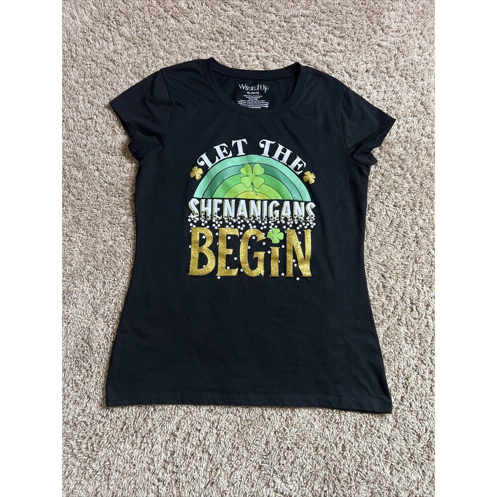 St. Patricks Lucky Shamrock T Shirt Glittery Juniors Sz XL 15-17